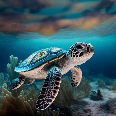 Premium Photo | A turtle baby in the sea, reef background,