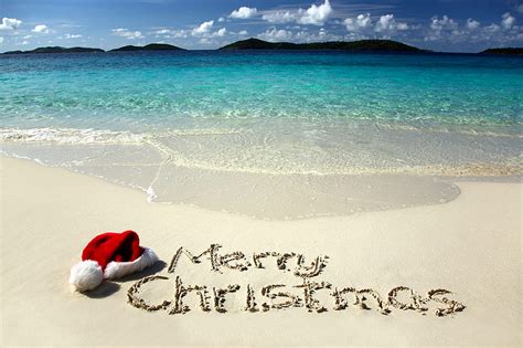 Tropical Christmas, red, sunny, sea, beach, merry christmas, snow ...