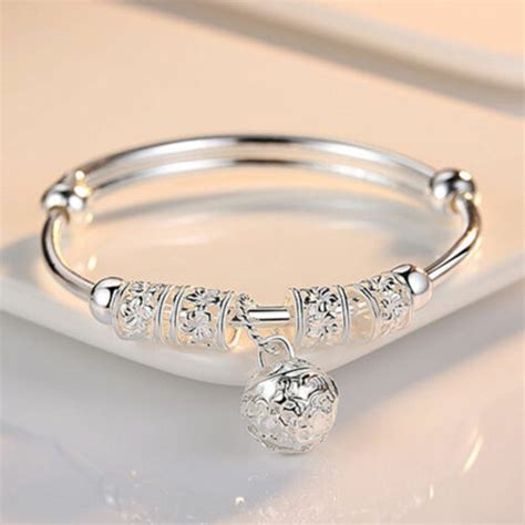 925 Silver women cute ball Bangle bracelet fashion charm jewelry ...