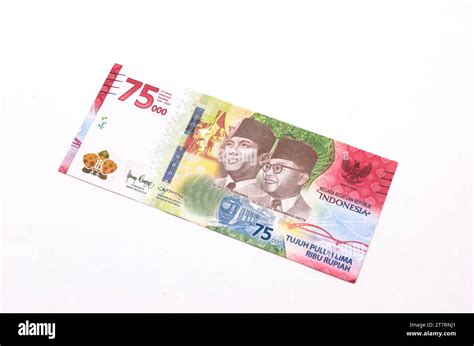 A sheet of 75,000 Rupiah banknotes, top view, 75th Anniversary of the ...