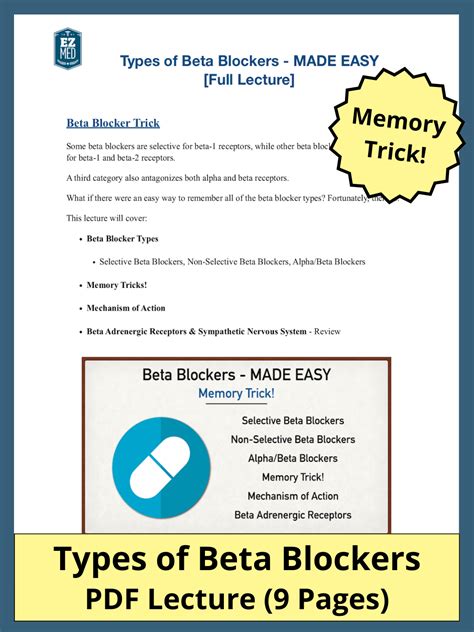 Beta Blocker Types PDF: Example Medication List, Mechanism of Action ...