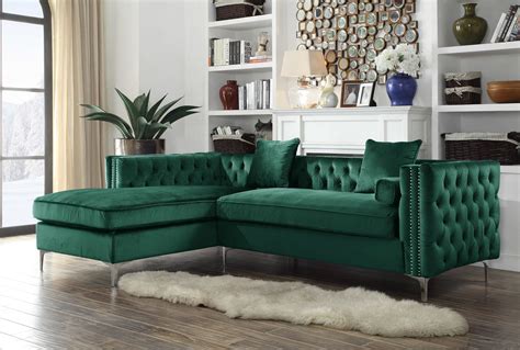 Iconic Home Da Vinci Button Tufted Velvet Left Facing Chaise Sectional Sofa Green | Green sofa ...