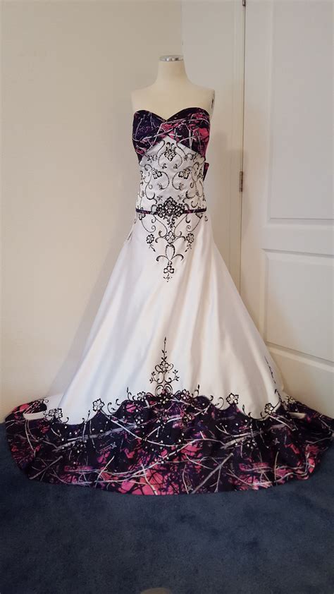 ANITA wedding gown, with Muddy Girl camo as the accent 'color'. White satin with black em ...