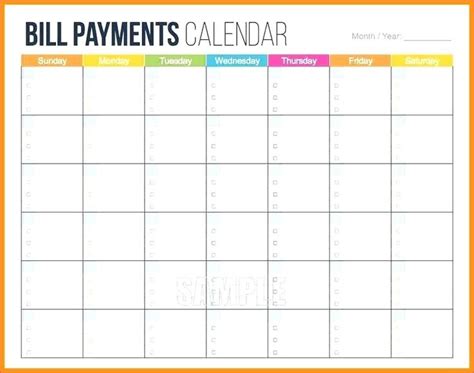 Bill Payment Calendar Template Printable | Monthly calendar template, Free printable calendar ...