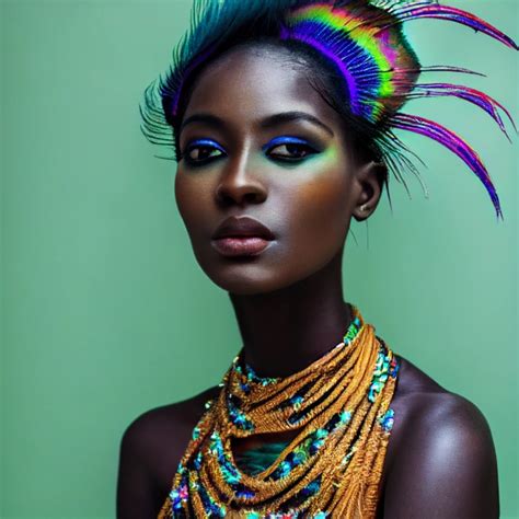 kenyan female model wearing iridescent peacock | Midjourney | OpenArt