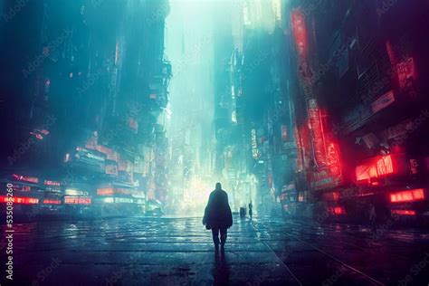 Cyberpunk facing a dystopian city. Digital illustration sci fi cityscape. Stock Illustration ...