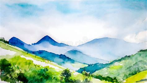 Mountain Range Landscape on Watercolor Painting on Digital Art Concept ...