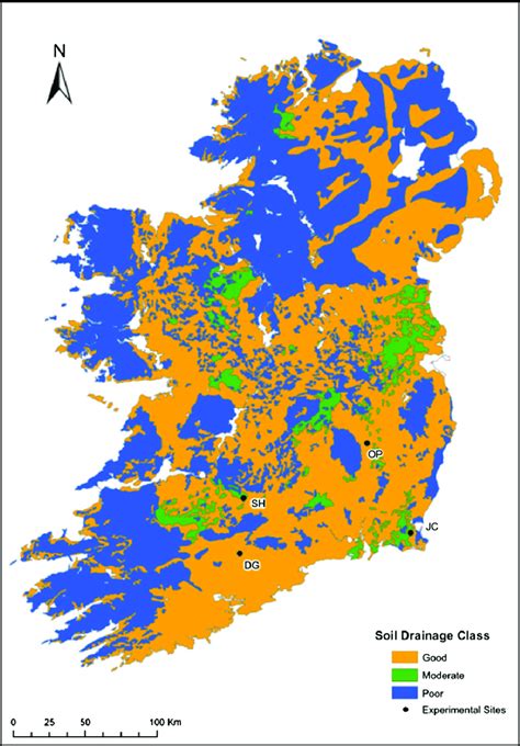 Location of research sites overlaid on the soil drainage class map of ...