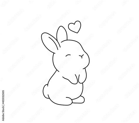 Vector isolated cute cartoon small rabbit in love contour line drawing. Colorless black and ...