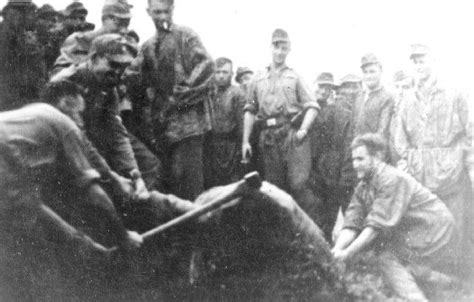 A prisoner in Jasenovac concentration camp getting his head struck with ...