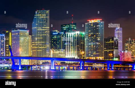 The Miami Skyline at night, seen from Watson Island, Miami, Florida ...