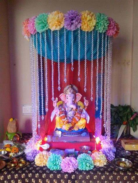 Ganesh mandap | Ganpati decoration at home, Ganpati decoration design, Janmashtami decoration