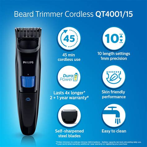 Philips QT4001/15 cordless rechargeable Beard Trimmer - 10 length settings - AArav Mart