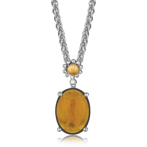 Oval Pronged Amber Cameo Necklace in 18K Yellow Gold and Sterling Silver - Richard Cannon Jewelry