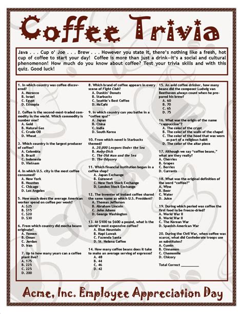 Coffee Trivia Printable Game - Coffee Theme - Birthdays - Anniversaries ...