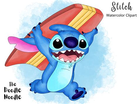 Surfing Stitch Hand Drawn Watercolor Clipart Cute Cartoon - Etsy UK