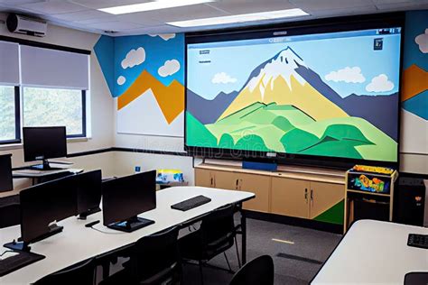 School Classroom with Interactive Smart Board, Laptop, and Projector ...