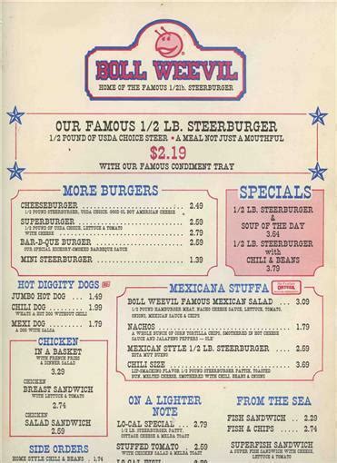 Boll Weevil Menu San Diego California Area 1985 Steerburger - Menus