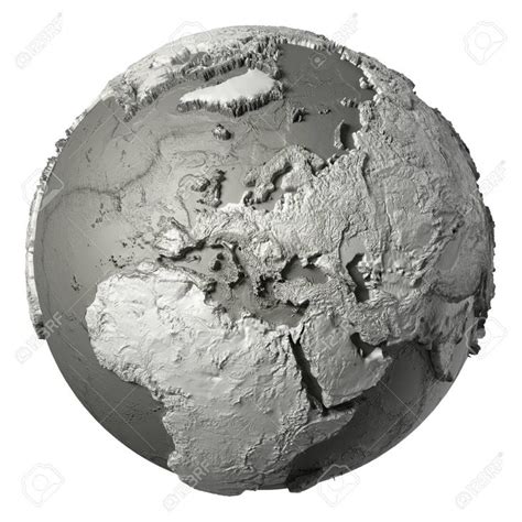 Globe model with detailed topography without water. Europe. 3d rendering isolated on white ...