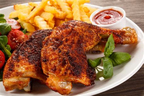 Grilled Chicken Leg with Chips and Vegetables Stock Image - Image of background, dieting: 110830137