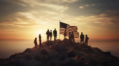 Premium AI Image | People standing on a hill with a flag in the foreground