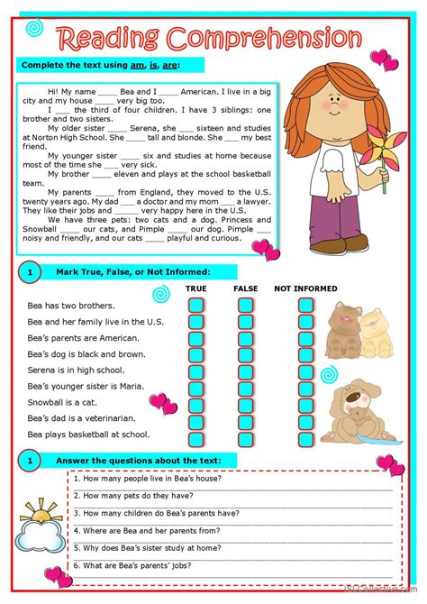 Reading Comprehension (is, are, am)…: English ESL worksheets pdf & doc