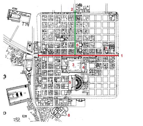 Plan of Timgad, Algeria. 1-Decumanus, 2-Cardo, 3-Forum, 4-Basilica, 5 ...