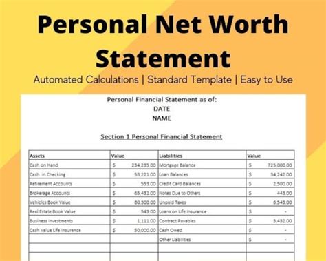 Personal Net Worth Statement Template Excel Download Automated Calculations Editable - Etsy