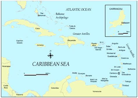 Map of the Caribbean showing the location of Carriacou and the Sabazan ...