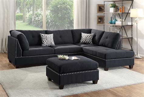 Glory Black Fabric Sectional Sofa With Chaise Grey Corner Lounge Suite