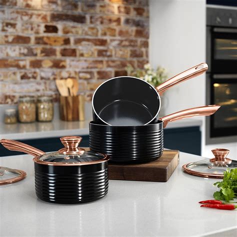 #RoseGold Saucepan Set with Ceramic Non-Stick Inner Coating and Glass Lid, Aluminium, Black/Rose ...