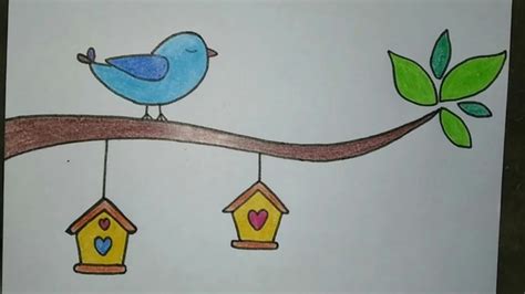 How to draw a bird siting on a branch of a tree - YouTube