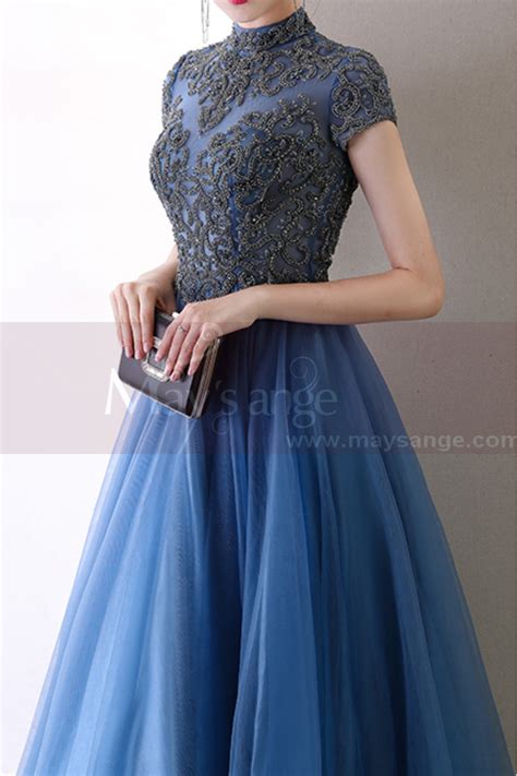 Blue Formal Dresses With Classy Top Lace And Short Sleeves