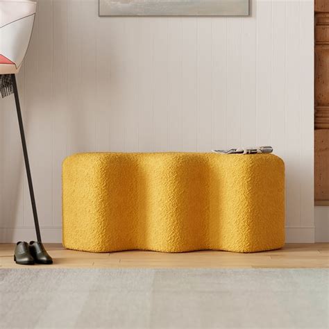 Modern Yellow Entryway Bench Boucle Upholstered Molecule Ottoman Wooden Frame | Homary