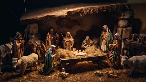 Christmas Scene With Jesus And His Family In A Nativity Scene Background, Picture Of Manger ...