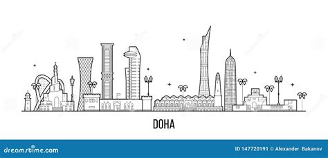 Doha Skyline Dhow Qatar Vector Hand Drawn Sketch | CartoonDealer.com #71436904