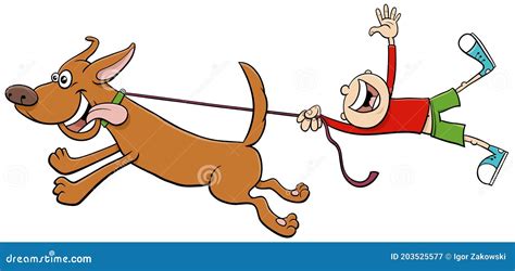 Dog Pull Kid on Leash Cartoon Illustration Stock Vector - Illustration ...