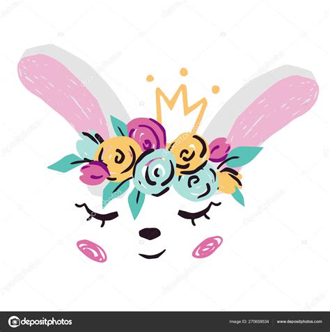 Bunny baby girl face cute print. Sweet rabbit princess head with crown and flower. Stock Vector ...