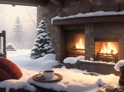 Premium AI Image | a cozy winter scene with a roaring fireplace and a ...