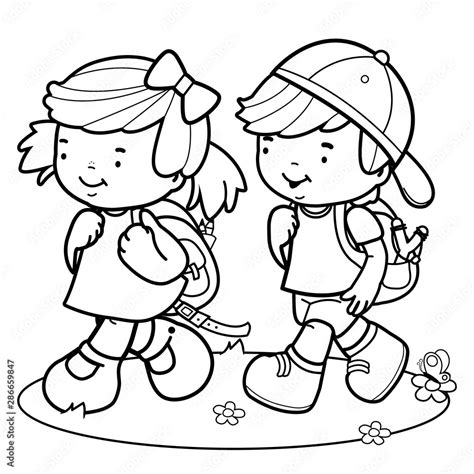 Children students walk to school. Vector black and white coloring page. Stock Vector | Adobe Stock