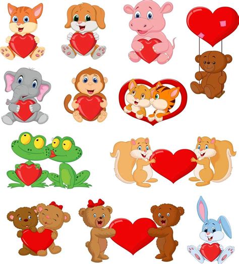 Set of cute animals with red heart 5152070 Vector Art at Vecteezy