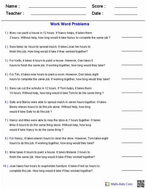 50 Algebra 2 Word Problems Worksheet