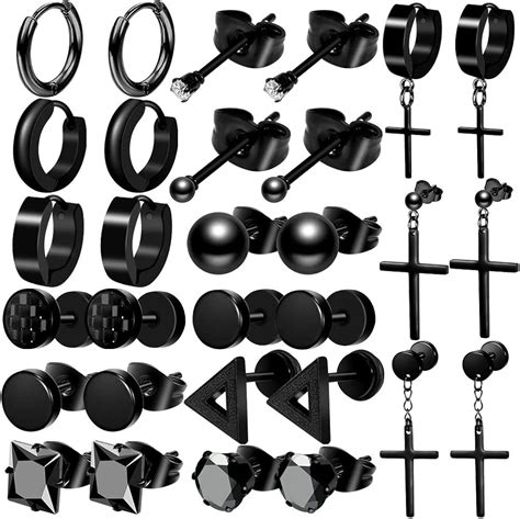 ONESING 15 Pairs Black Earrings for Men Black Stud Earrings Mens ...