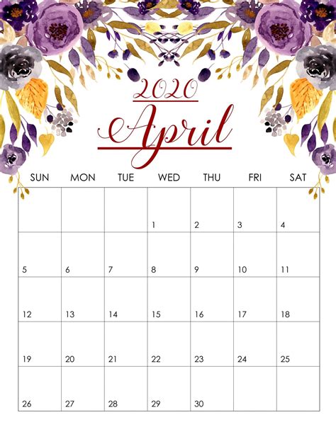 April 2020 Floral Calendar | Free printable calendar templates, Free ...