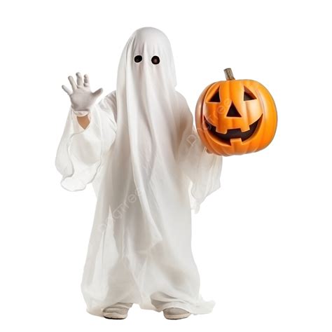 The Child With White Dressed Costume Halloween Ghost Scary He Holding Orange Pumpkin Ghost On ...