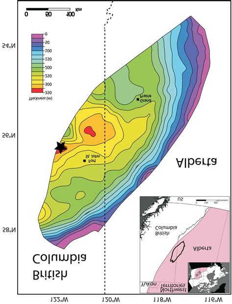 Isopach map of the thickness of the Montney Formation (modified from ...