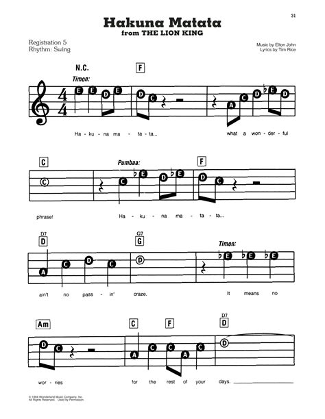 Hakuna Matata (from The Lion King) par Elton John Partitions pour E-Z Play Today sur Sheet Music ...