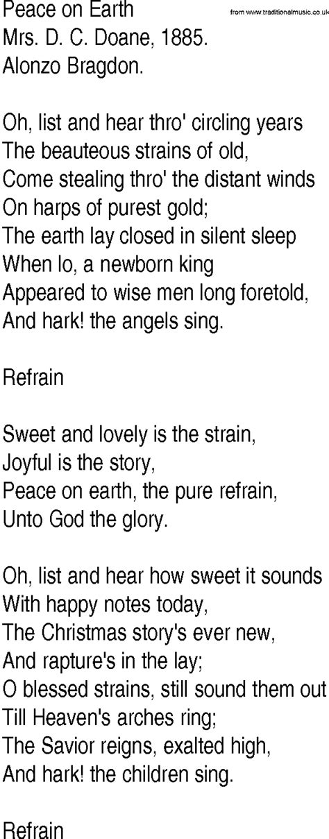 Hymn and Gospel Song Lyrics for Peace on Earth by Mrs D C Doane