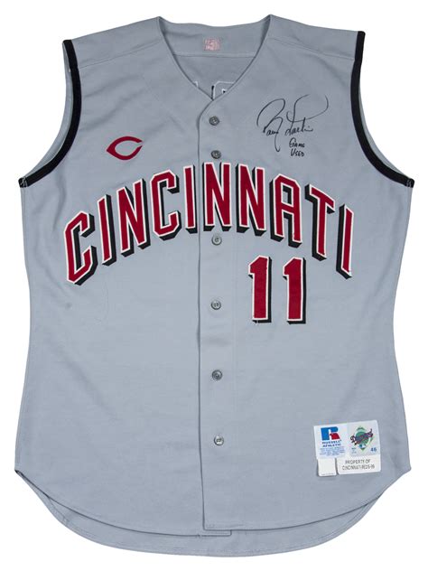 Lot Detail - 1999 Barry Larkin Game Used and Signed Cincinnati Reds Sleeveless Away Jersey Vest ...