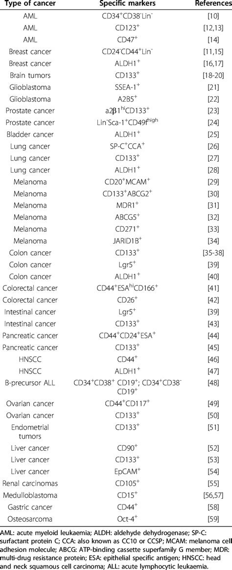 Cancer stem cells with specific markers | Download Table